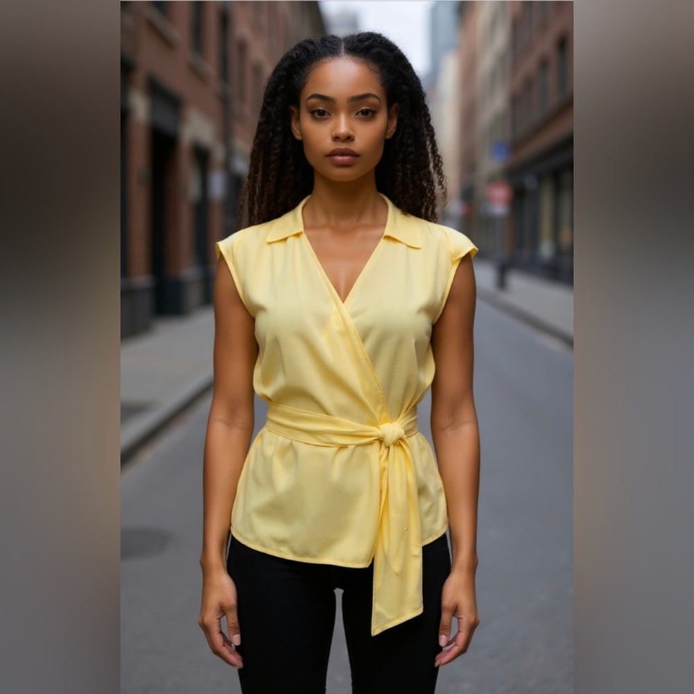 J.Jill Whisper Wrap Blouse Sunshine Yellow Daylily Draping Sleeveless Top